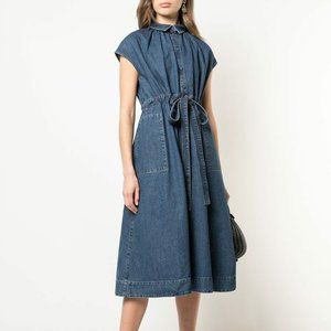 CO Denim Tie Waist Cap Sleeve Cotton Shirtdress Sz S Quiet Luxury Classic